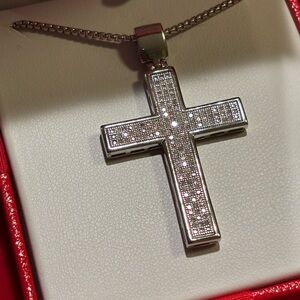 NIB Iced Cross Pendant Necklace | Silver-Tone | Pave Crystal | Unisex